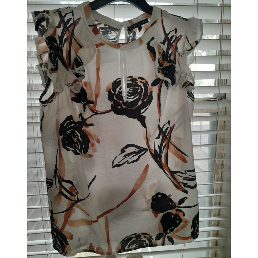 Como Black Women's L White/Black/Orange Floral Ruffle Sleeve Pullover Blouse